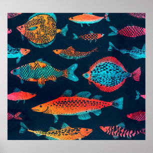 Waterverf Vissen: Deep Blue Naadloos Poster