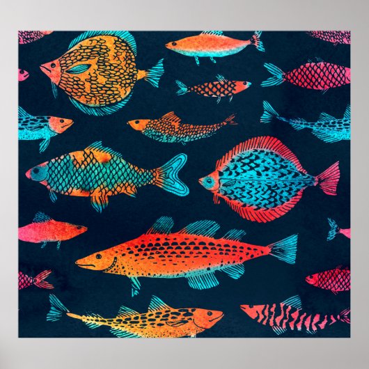 Waterverf Vissen: Deep Blue Naadloos Poster (Voorkant)
