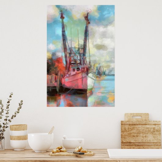 Waterverf Vissende boot op zonsondergang Poster (Keuken)