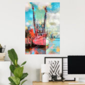 Waterverf Vissende boot op zonsondergang Poster (Thuiskantoor)