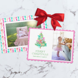 Waterverf Vivid Pink Bow Coquette Kerstfoto Feestdagenkaart