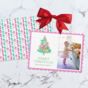 Waterverf Vivid Pink Bow Coquette Kerstfoto Feestdagenkaart
