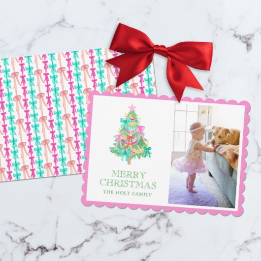 Waterverf Vivid Pink Bow Coquette Kerstfoto Feestdagenkaart