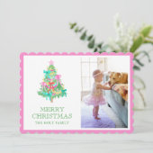 Waterverf Vivid Pink Bow Coquette Kerstfoto Feestdagenkaart (Staand voorkant)