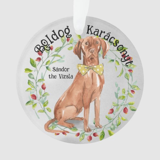 Waterverf Vizsla Boldog Karácsonyt Ornament (voorkant)