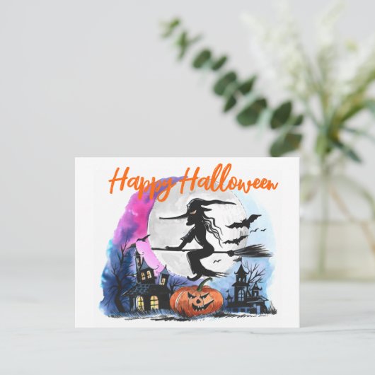 Waterverf vliegende heks briefkaart