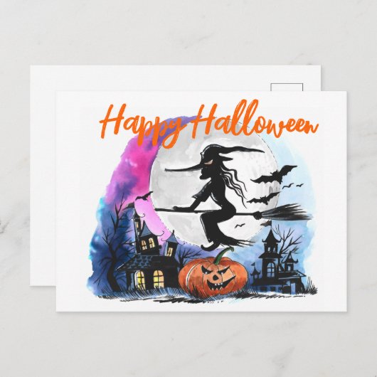 Waterverf vliegende heks briefkaart (Voorkant / Achterkant)