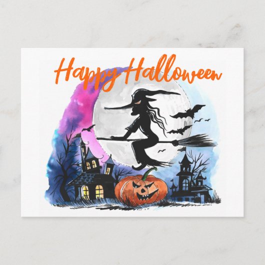 Waterverf vliegende heks briefkaart (Voorkant)