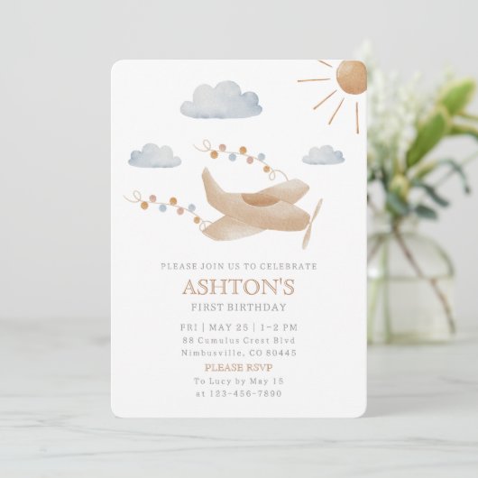 Waterverf vliegtuig 1e verjaardag uitnodiging (Staand voorkant)