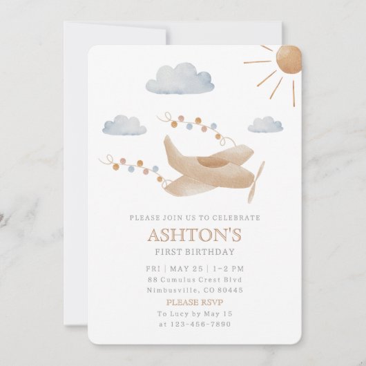 Waterverf vliegtuig 1e verjaardag uitnodiging (Voorkant)