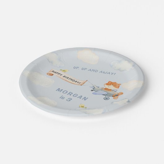 Waterverf Vliegtuig Schattige Fox Verjaardagsfeest Papieren Bordje (Gekanteld)