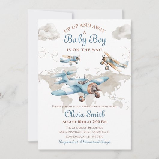 Waterverf  Vliegtuig Travel Boy Baby shower Kaart (Voorkant)