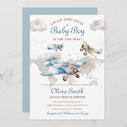 Waterverf  Vliegtuig Travel Boy Baby shower Kaart (Voorkant / Achterkant)