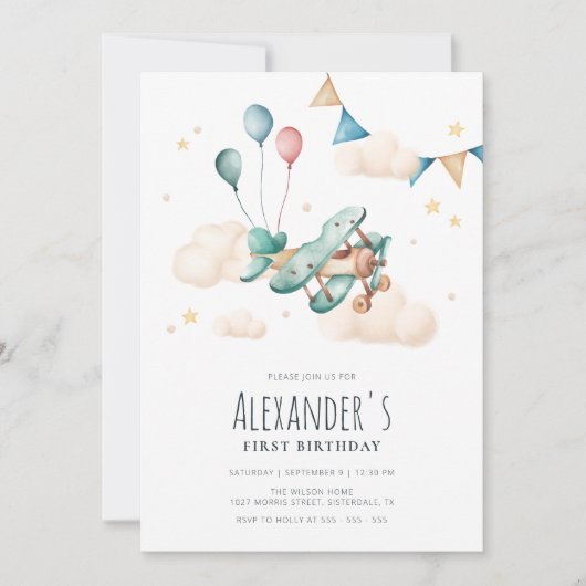  Waterverf Vliegtuig Verjaardagsfeestje Kaart (Voorkant)