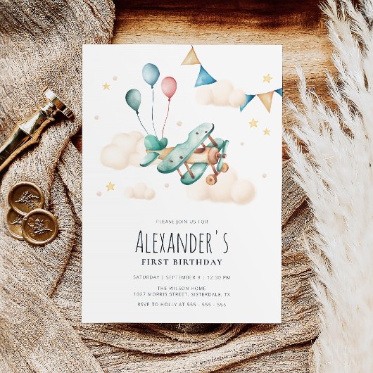  Waterverf Vliegtuig Verjaardagsfeestje Kaart