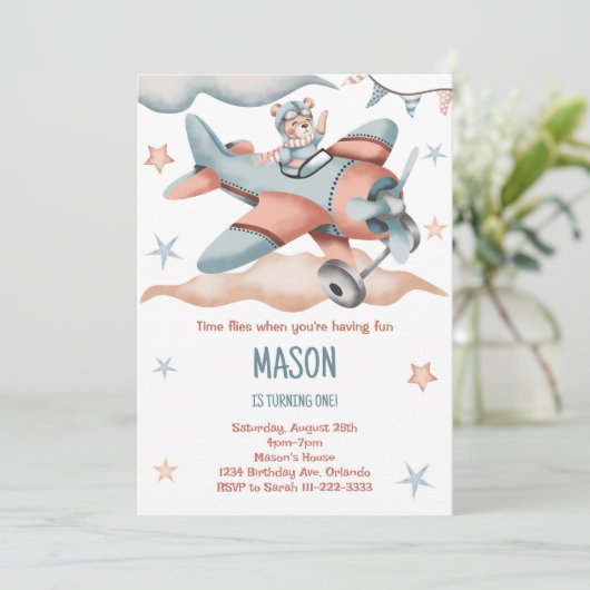  Waterverf Vliegtuig Verjaardagsuitnodiging Kaart (Staand voorkant)