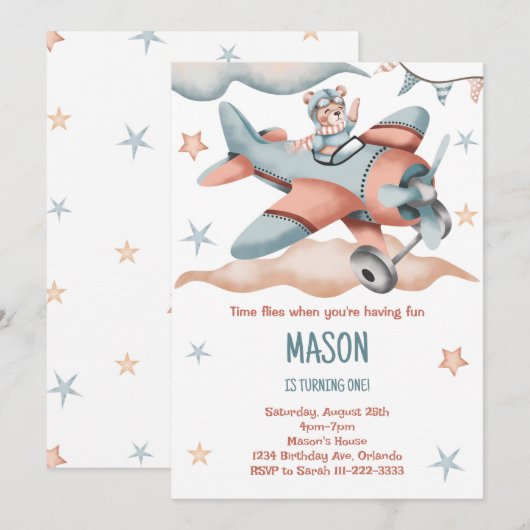 Waterverf Vliegtuig Verjaardagsuitnodiging Kaart (Voorkant / Achterkant)