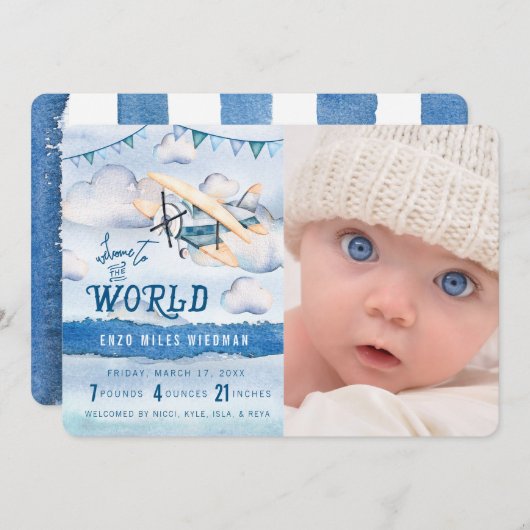 Waterverf vliegtuigjongen geboortekaartjes aankondiging (Voorkant / Achterkant)
