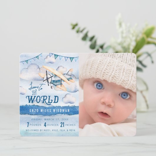 Waterverf vliegtuigjongen geboortekaartjes aankondiging (Staand voorkant)