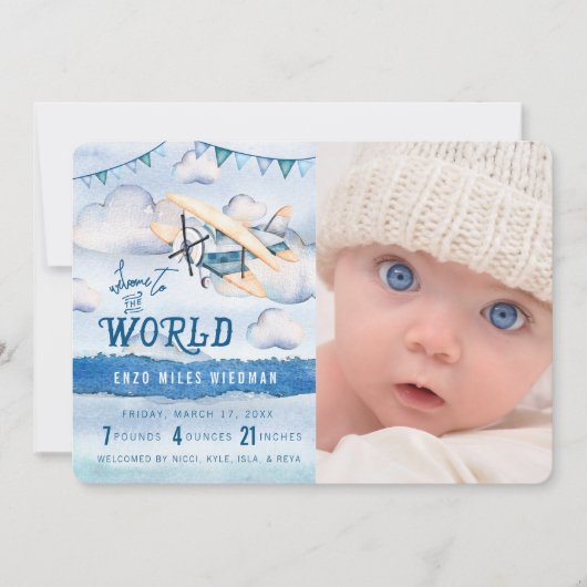 Waterverf vliegtuigjongen geboortekaartjes aankondiging (Voorkant)