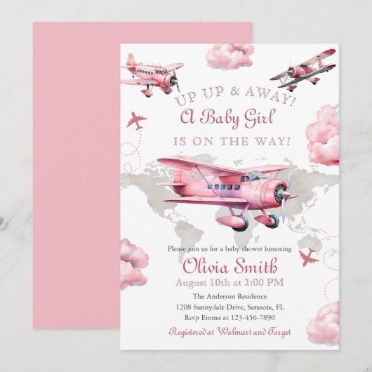 Waterverf  Vliegtuigreis GIR Baby shower Kaart (Voorkant / Achterkant)