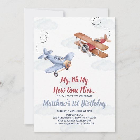 Waterverf vliegtuigwolken jongen 1e verjaardag kaart (Voorkant)