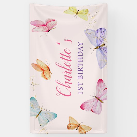 Waterverf vlinder 1e verjaardag spandoek (Verticaal)