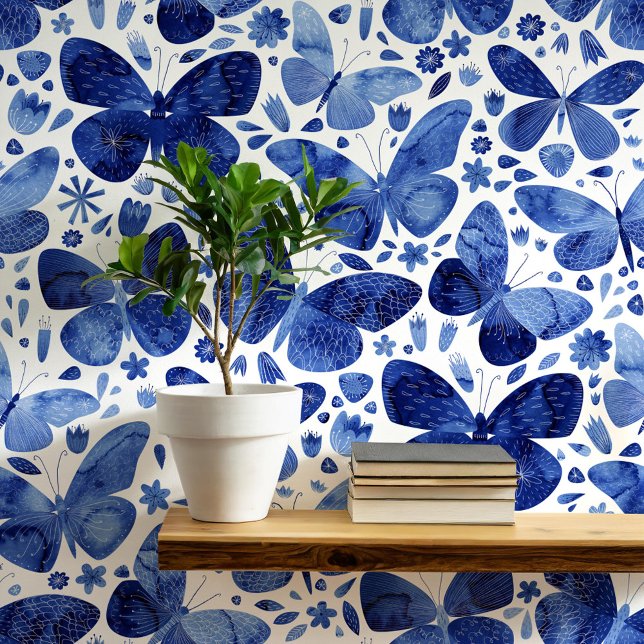 Waterverf Vlinder Blauw en Witte Kunst Behang (Blue and white watercolor butterfly pattern art wallpaper)