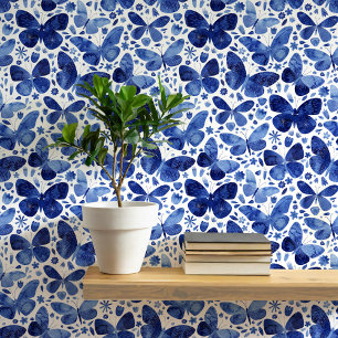 Waterverf Vlinder Blauw en Witte Kunst Behang