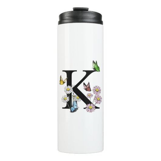 Waterverf Vlinder Bloem Monogram Letter K Thermosbeker (Voorkant)