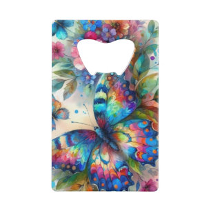Waterverf vlinder bloembloemen blauw roze creditkaart flessenopener