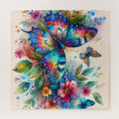 Waterverf vlinder bloembloemen blauw roze legpuzzel (Horizontaal)