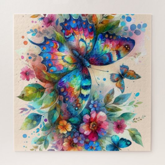 Waterverf vlinder bloembloemen blauw roze legpuzzel (Horizontaal)