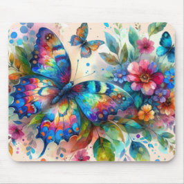 Waterverf vlinder bloembloemen blauw roze muismat