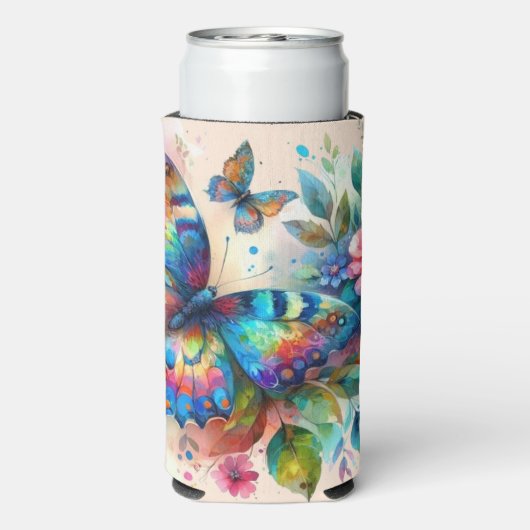 Waterverf vlinder bloembloemen blauw roze seltzer blikjeskoeler (Seltzer Achterkant)