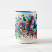 Waterverf vlinder bloembloemen blauw roze tweekleurige koffiemok (Center)