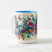 Waterverf vlinder bloembloemen blauw roze tweekleurige koffiemok (Voorkant links)