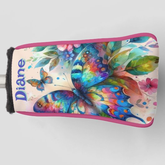 Waterverf vlinder bloementuin gepersonaliseerd golfheadcover (Voorkant)