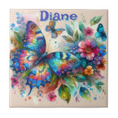 Waterverf vlinder bloementuin gepersonaliseerd tegeltje (Voorkant)