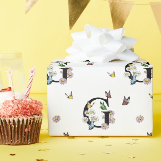 Waterverf Vlinder Bloemige Monogram Letter G Cadeaupapier (Verjaardagsfeest)