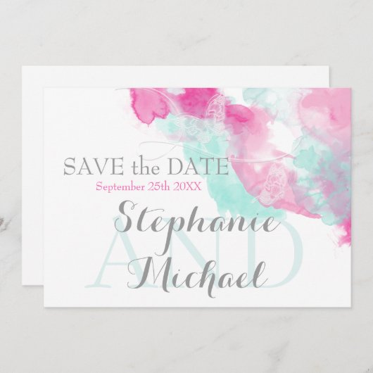 Waterverf Vlinder Cranberry Mint SavetheDate Save The Date (Voorkant / Achterkant)