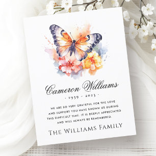 Waterverf vlinder en bloemen begrafenissympathie bedankkaart