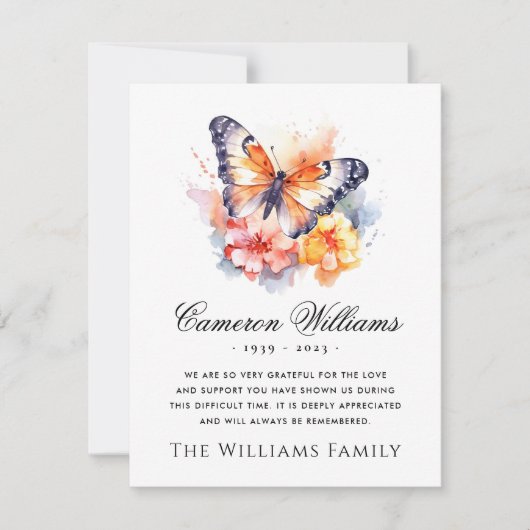 Waterverf vlinder en bloemen begrafenissympathie bedankkaart (Voorkant)