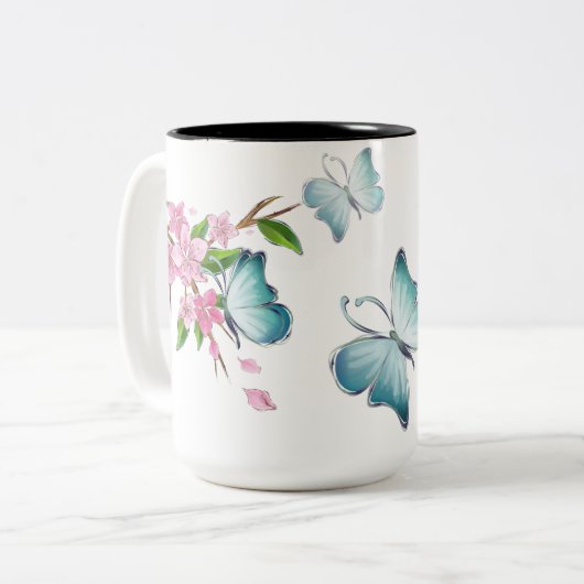 Waterverf vlinder en bloesems tweekleurige koffiemok (Voorkant links)