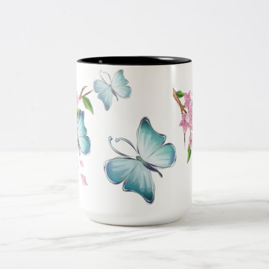 Waterverf vlinder en bloesems tweekleurige koffiemok (Center)