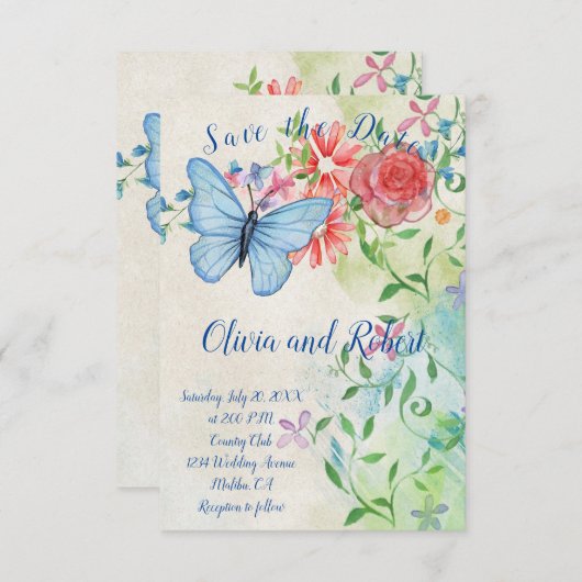 Waterverf vlinder en rode rozenroos Platte Kaart (Voorkant / Achterkant)