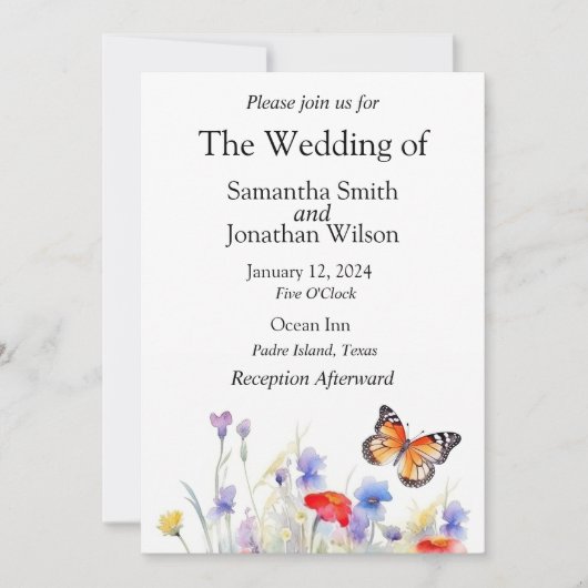 Waterverf Vlinder en Wildbloemen Bruiloft Kaart (Voorkant)