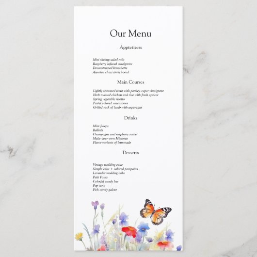 Waterverf Vlinder en Wildbloemen Bruiloft Menu (Voorkant)