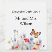 Waterverf Vlinder en Wildbloemen Bruiloft Wijn Etiket (Enkel label)