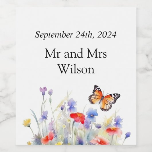 Waterverf Vlinder en Wildbloemen Bruiloft Wijn Etiket (Enkel label)